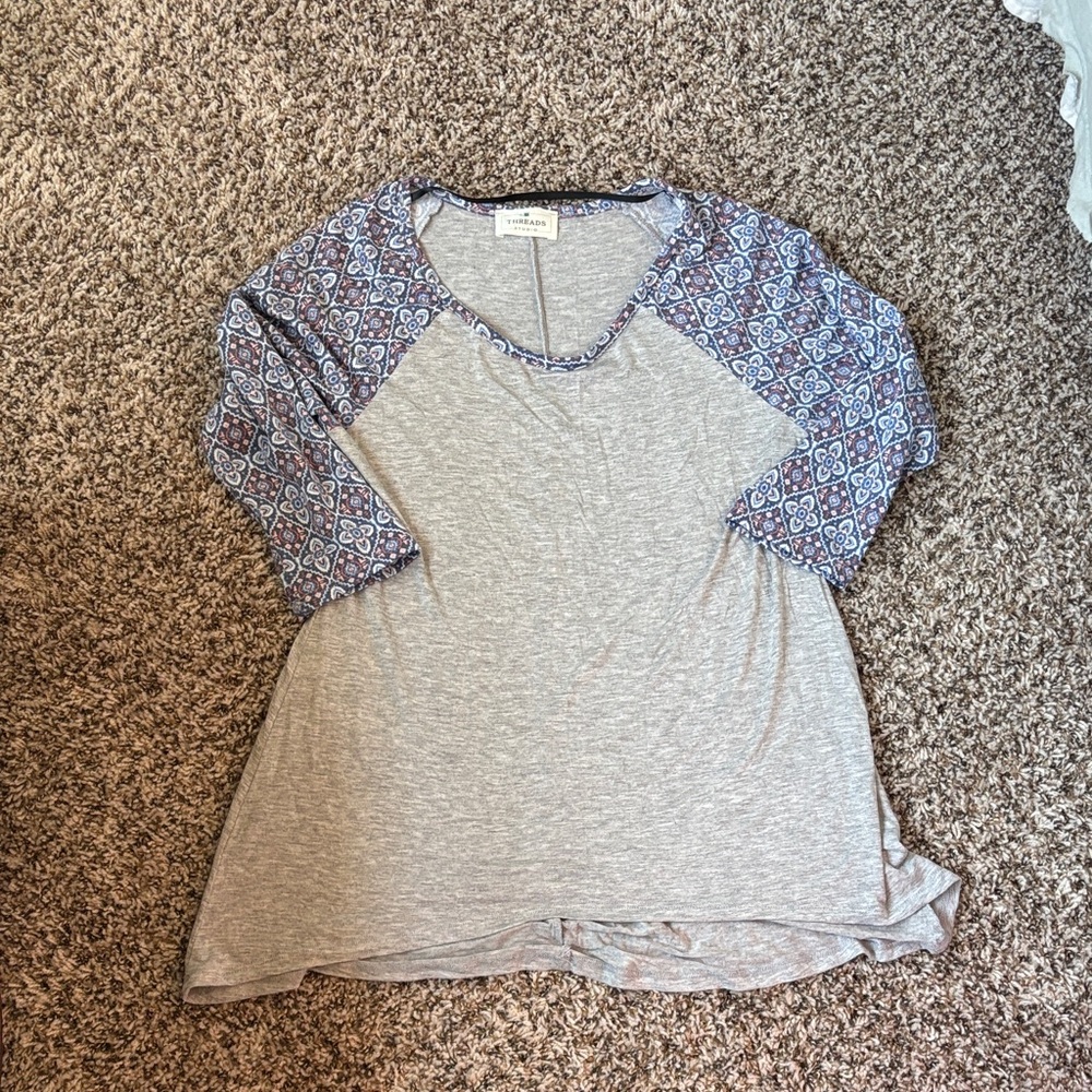 Gray Top with Blue Patterned Sleeves NWOT